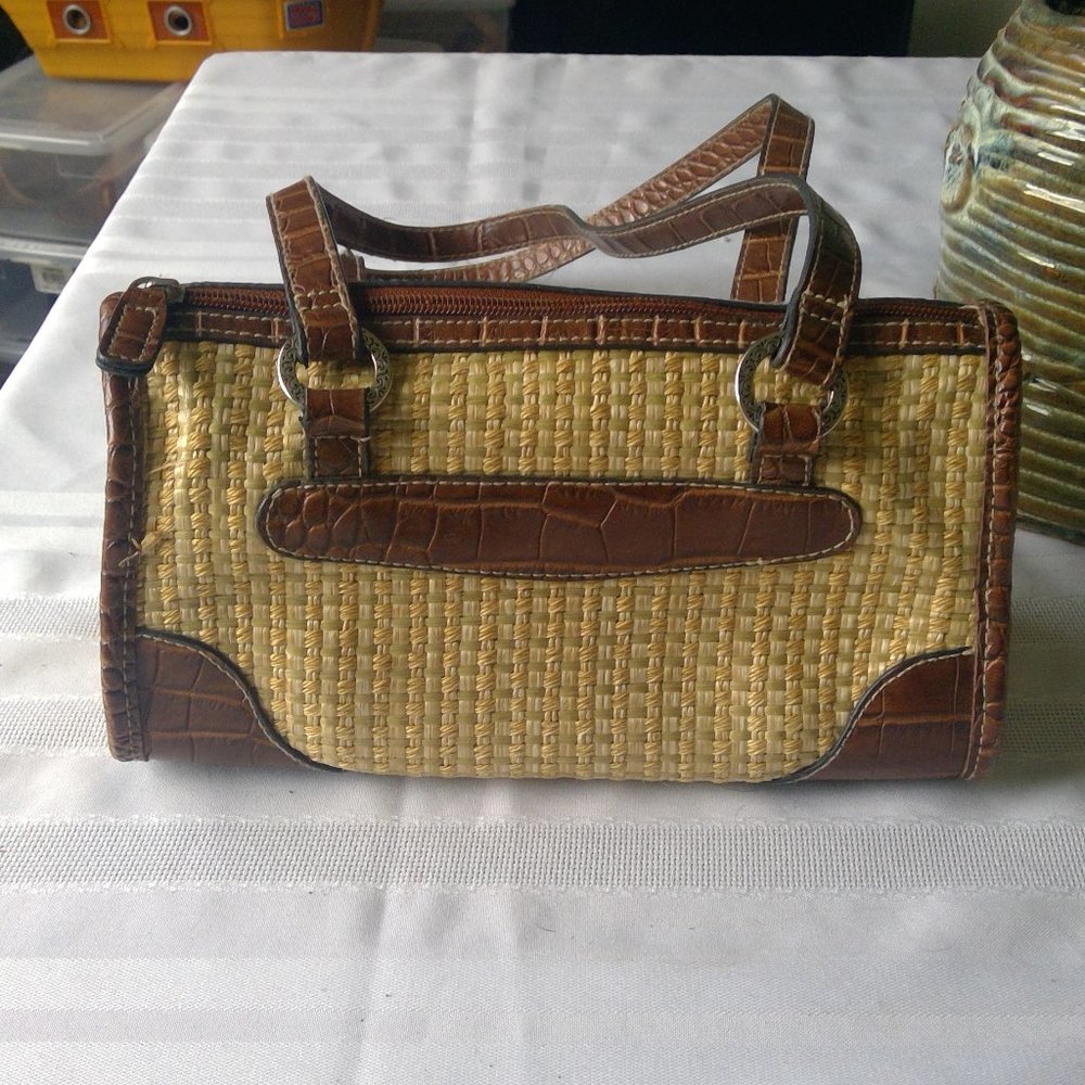 Satchel Purse, Brown Croc Leather & Raffia - Picture 2 of 5
